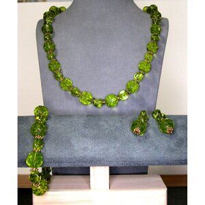 Vintage Green Faceted Glass Bead Necklace, Bracelet, & Earrings